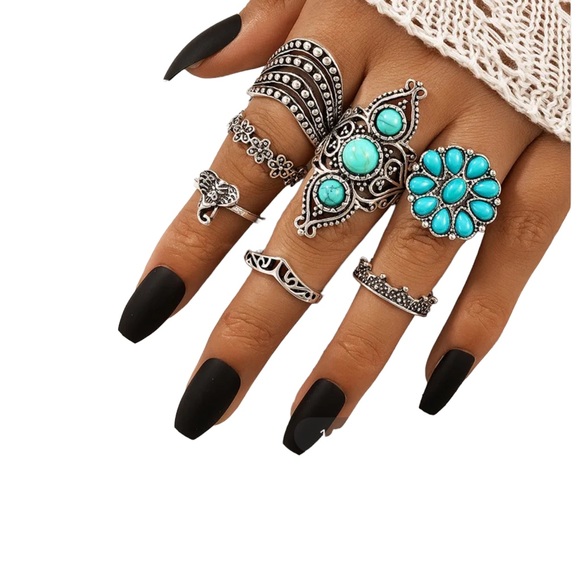 Jewelry - ✨NEW✨ Boho Turquoise Silver Tone Bohemian Ring Set (7pc)